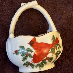 Vintage Lefton China Cardinal Trinket BasketC Hand Painted Christmas Holly Japan